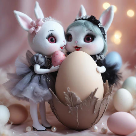 Easter egg as a concept of rebirth, cracked surface, pastel colors, soft lights, nestled of soft feathers and young spring flowers, cute anthro bunny with grey eyes in tutu, eating sweets, chocolate on mouth, soft background, bokeh effect, miniature effect, natural light, ultra fine details, as a digital painting., photo, selective focus, miniature effect, bokeh, highly detailed, vibrant, perspective control, natural tilt shot, fantasy, dreamy, illustration, centered, dazzling crystal luxury by Jimmy Choo by Tim Burton. 2 doll, bjd, little red riding hood together with the little shy wolf girl, dress, long dress, long sleeves, from half below, full body shot, kissing, a luxurious bow hairpin takes center stage, adorned with huge crystal sparkling diamonds, Soft dark colors, pearls, diamonds and elegant couture chic create a harmonious visual spectacle. , macro photography, (enchanting:1.3), (luminous:1.2), (oversized flora:1.1), mystical, magical, vibrant photography, shimmering light, dreamy, whimsical, serene, soft-focus, hyper-detailed digital art, made of flowers, red lips, smile, 2 girls kissing, two beautiful stuffed dolly, by Mab Graves, frankenstein, adorable, patchwork doll, punkcore, cutecore, goth, hypermaximalist, alluring, cinemascope, dynamic lighting, with cute fluffy Cheshire cat, long hair, Easter eggs, smile, spring, two girls, red lips, leggings and tutu and high heels, Easter decoration, Easter egg as a concept of rebirth, cracked surface, pastel colors, soft lights, nestled of soft feathers and young spring flowers, gentle smile, sitting in an huge egg