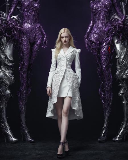 elle fanning + (full body view:1.1) + high heels stiletto +  A real perfect female anatomy made by beautiful and elegant pure white bio organic ceramic + hyper details + concept futuristic style and ecorch style + cinematic lights + photo bashing + epic cinematic + octane render + extremely high detail + post processing + 8k + denoise, dark themed background. very dark and scary horror vibes. hyper intricate details. purple, red, white colors. hyperrealistic artwork style. scary horror metal music vibe. godrays, gorgeous, amazing, intricate, highly detailed, digital painting, artstatio . dark, eerie, gothic, macabre . eerie, unsettling, dark, spooky, suspenseful, grim, highly detailed<lora:epi_noiseoffset2:1>