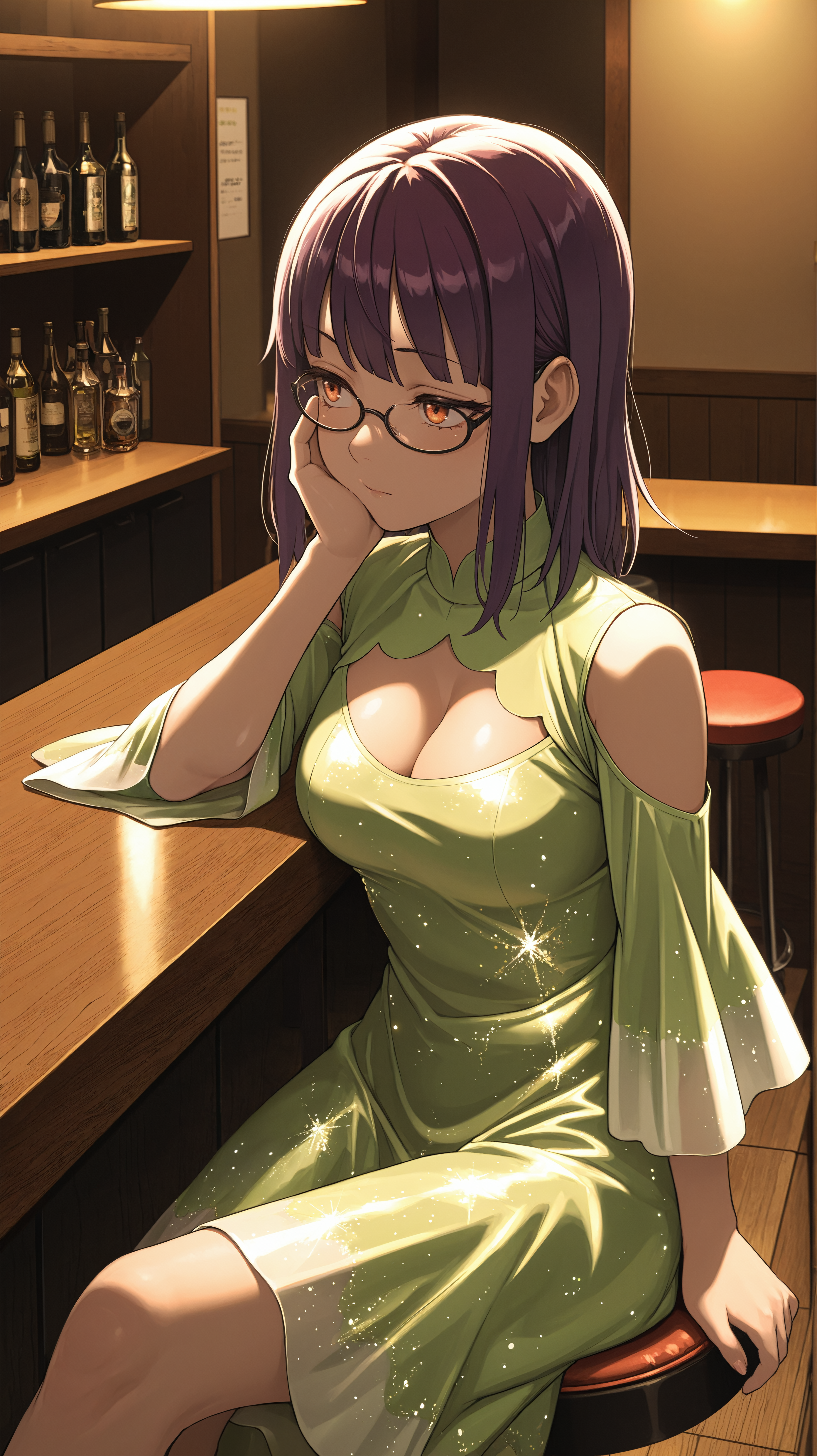 A woman with short, dark purple hair and amber eyes rests her chin on her right hand, looking thoughtfully to the left. She wears glasses and a shimmering, light green dress with cutout shoulders and flared sleeves. She is seated at a polished wooden bar in a dimly lit establishment with shelves stocked with various bottles visible in the background.