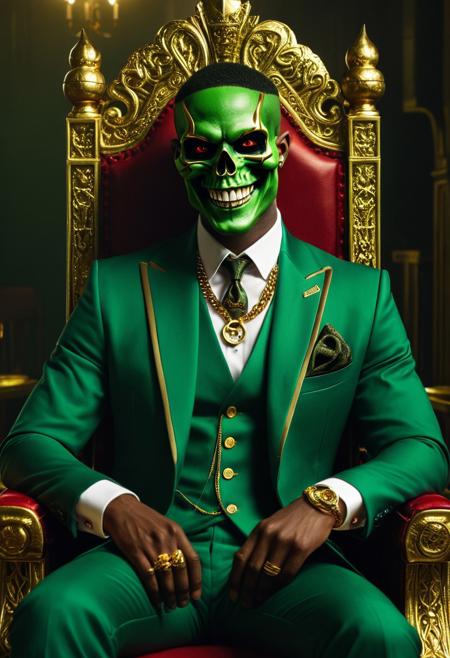 1boy, ring, male focus, jewelry, solo, sitting, skull, money, necklace, red eyes, colored skin, staff, smile, suit, green skin, formal, grin, looking at viewer, multiple rings, throne, pants, chair, banknote, gold, jacket, shirt, evil smile
highly expressive stylized character design meets raw documentary realism, vibrant smooth textures blending with gritty high-contrast photography, exaggerated animated proportions in unposed naturalistic composition, moody atmospheric lighting with cinematic depth