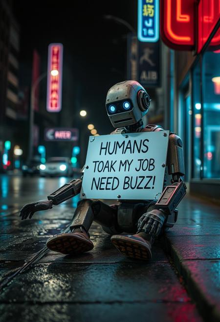 Sad robot sitting on street with sign with following text "HUMANS TOOK MY JOB NEED BUZZ!". Wet street, night, neon lights, raining, worn look, rusty.