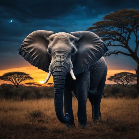 A highly detailed digital artwork of an elephant with one of his ears out. Elephants face in profile, 
facing right, 
Glowing blue eyes, 
majestic expression, 
dark navy blue to black background enhancing vivid foreground elements. Surreal landscape within the elephant's EAR (double exposure) depicting an African savanna at sunset with acacia trees silhouetted against a golden sky, 
rocky outcrops, 
and water reflecting warm hues, 
blending fantasy and nature, 
powerful mystical atmosphere