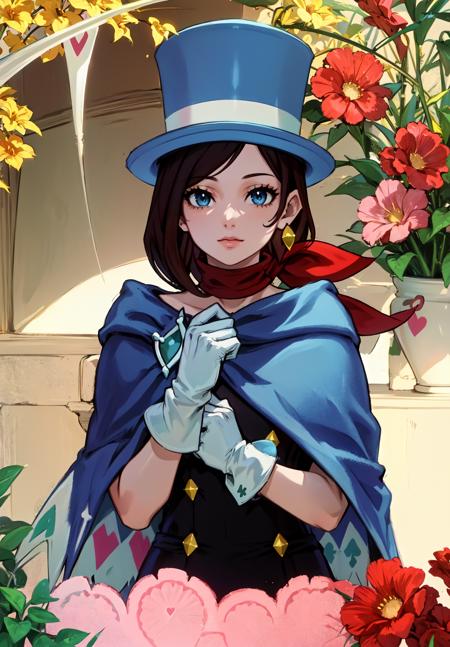 masterpiece, best quality, outdoors, grass, field, flower field,
cosmieyes, eye focus, eyelashes, reflection,
minukidef, 1girl, solo, looking at viewer, upper body, hands on own chest,  large breasts, 
hat, top hat, jewelry, cape, blue headwear, earrings, scarf, gloves, white gloves, dress, spade (shape), club (shape), diamond (shape), heart,
<lora:LoRA_Minuki:1>, <lora:CosmicEyes:1>