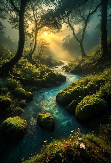 ultra HD, high quality, 4K, score_9, score_8_up, score_7_up, photo, extremely detailed, 8k, high quality, Source_photo, real photo, sharp, highly detailed and hyper realistic,masterpiece, masterpiece, best quality, vivid colors, high quality, RAW photo,Sweeping aerial view, fog-kissed emerald forest cradling a meandering river, luminous soft shadows, textured mossy canopy, ancient oak clusters, dynamic interplay of light and mist, intricate natural gradients, twilight hues, refined spatial composition, ethereal atmosphere, majestic distant peaks, crystalline water reflections, 8k quality, masterpiece clarity, hyperdetailed natural textures, photorealistic elegance, dream nature, primeval wild, picturesque cost, bright clouds, beautiful sky, sun, epic landscape, colorful scenery, blowing wind, flowers, grass, flowing river, rocks in the river, fog
, detailmaximizer, midjourneyv6.1
