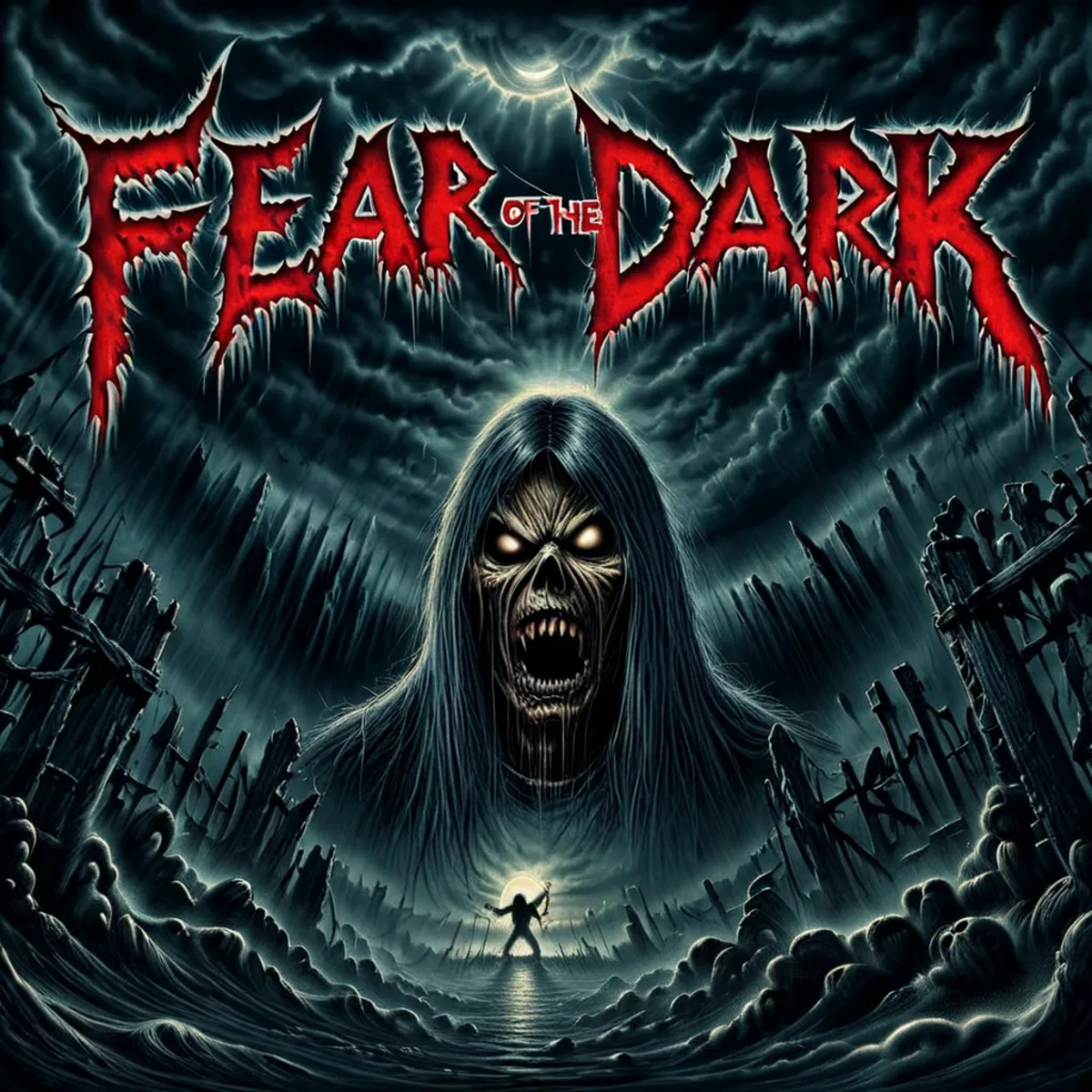 Fear of the Dark, a dark and scary scene with a screaming face.