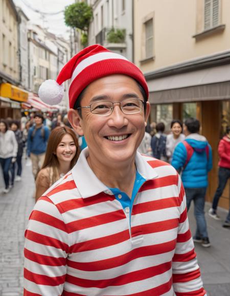 Fumio Kishida (wearing Wally costume), Where's Wally?, standing, smiling, (best quality, High quality, highly detailed, intricate details, Highres, 8k, RAW photo:1.25), street, <lora:Kishida-SDXL_v2.15:0.55>