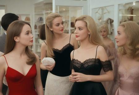 score_9, score_8_up, score_7_up, 1966 Tippi Hedren and Grace Kelly, pretty blond, slim, slender, wearing black satin nightie with spaghetti straps and lace trim, blond, standing in a busy lingerie store surrounded by pretty friends wearing pretty silk and satin slips and nighties and lingerie, happy and delighted to be selling pretty satin lingerie, in love with satin lingerie