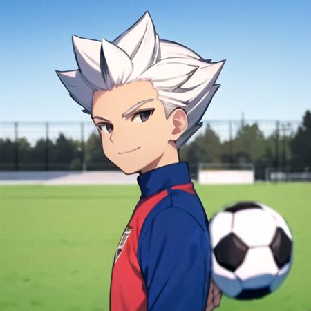 best quality,masterpiece,8k quality,best pixels,<lora:Axel Blaze:0.7>,1boy,mature_man,Axel Blaze,(white hair),soccer field,facing the viewer,standing,holding a soccer ball,smiling