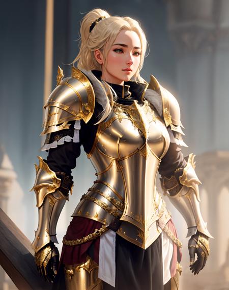 Masterpiece, absurdres, fine detail, HDR,highly detailed armor with gold plating, shiny armor, photorealistic,<lora:PLD_amor:0.75>,PLD_armor, a female knight in armor, wearing PLD_armor