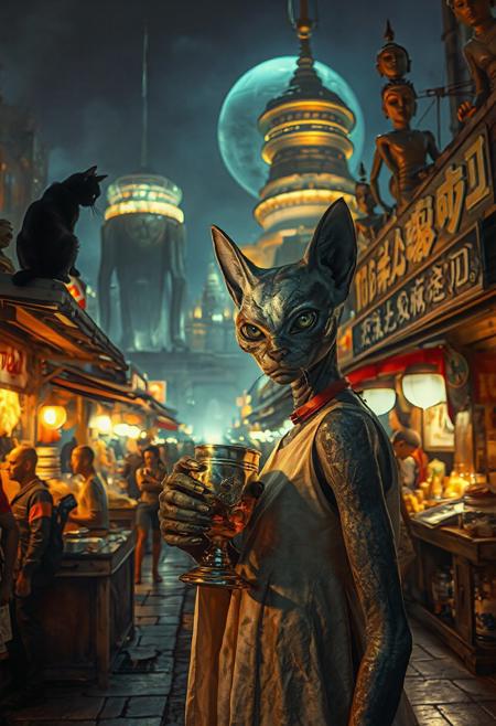 Setting is an extraterrestrial alien street market at night in a city of an extremely advanced extraterrestrial civilization, ((all writing is in an alien script)), ((all lighting is exotic and of an extremely advanced technology.,  the market is comprised of street vendors selling food, exotic technological wonders, and alien clothing. The extraterrestrial beings have a variety of appearances (some are human-like, others are insectoid or feline or canine or reptilian, they are wearing a variety of clothing are walking through the street market shopping and eating, A black cat with red collar sits on a nearby wooden roof at a market kiosk. Behind the a kiosk counter are containers of exotic goods, (((a beautiful alien anthropogenic cat-like being, 24 years old, is standing in the foreground facing the viewer with a glowing metal goblet of beer in her paw/hand. Her eyes are beautiful and focused on the viewer, she has an expression of interested curiosity))), the being is dressed in exotic style clothing of a completely exotic aesthetic. Enormous metallic statues and temples are visible in the background and around the scene and smaller statues are prevalent in the market, Epic image that elicits a feeling of wonder and awe,