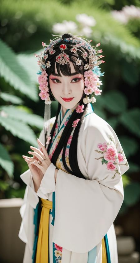 [jingju:999],photorealistic,realistic,solo,photorealistic,best quality,ultra high res,
bjofemale,1girl,solo,jewelry,black hair,hair ornament,makeup,ring,flower,lipstick,eyeshadow,black eyes,floral print,smile,hanfu beautiful,
, intarsia inlay of a Peaceful (Dragonborn:1.3) , Baroque Bantu knots hairstyle, Sunny, split diopter, Energetic, Sunlight, Canon EF, 50mm, four colors,  <lora:000_AiMeishi_bjomale_bjofemale:1>