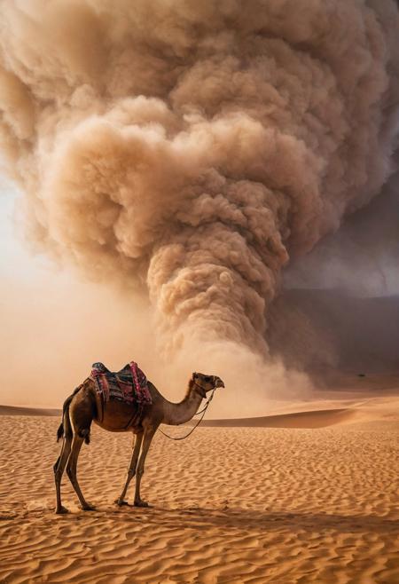 scenic view of a sand storm in the Sahara desert, a camel in the middle of it. (Use Dream Diffusion Secret Prompt). vibrant, award-winning, professional, highly detailed