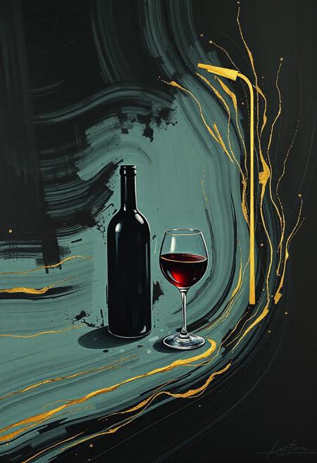 A hyper-stylistic, extremely detailed image depicts a breathtaking painting, crafted from a combination of smeared greyish green, black and gold metallic paint. A wine bottle and glass of wine is next to a lone street light at night is captured in a streaked motion, as if it is moving rapidly in one direction. The black paint is applied in bold, dynamic strokes, creating a sense of energy and movement that is contrasted beautifully by the golden accents. The gold paint is used to highlight the figure and street lights features, adding a sense of depth and dimensionality to the image. The overall effect is one of breathtaking, surreal dynamism, as if the viewer has captured a fleeting moment in time. Every detail of the image is meticulously crafted, from the delicate, swirling patterns of the gold paint to the intricate, textured patterns of the black paint. The contrasts between light and dark, color and texture, create a sense of tension and energy that draws the viewer in, inviting them to explore the kinetic world of the painting. highest-Quality, intricate details, visually stunning, Masterpiece