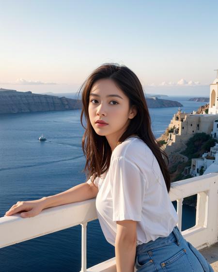 a women leaning on a railing overlooking Greece island of Santorini, backlit, soft warm light, highly detailed, (wide shot:1.2), brunette hair, white shirt