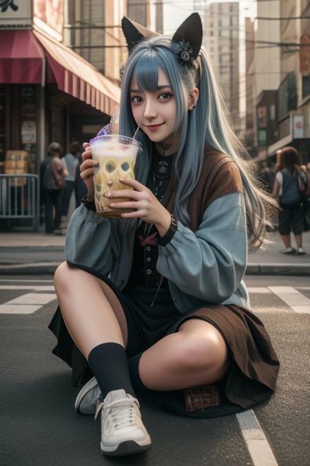 4K,8K. An attractive american gothic punk girl, chestnut very long wavy hair, wide dreamy light blue eyes, wide smile, face close up, (holding a bubble tea,) (dynamic sitting pose, on the street)