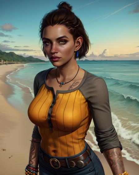 dani, solo,short hair,brown hair,lips,black hair.brown eyes,chest tattoo,hair bun , 
earrings,denim,jeans, belt ,bracelet, yellow shirt, shoes, 
standing, upper body, looking at viewer,
 beach shore, market,  morning,
 (insanely detailed, beautiful detailed face, masterpiece, best quality),  <lora:DaniRojas-10v6:0.8>