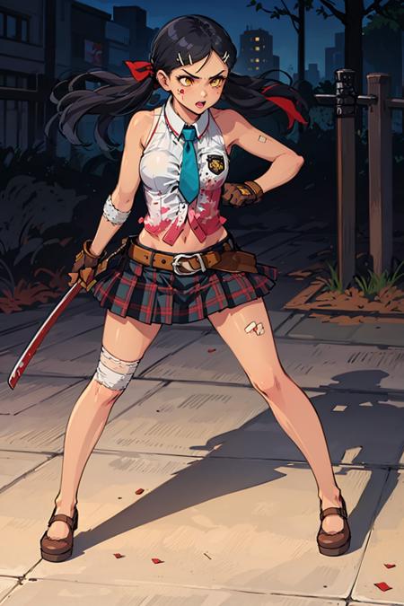 black hair, low twin tails, red ribbons, yellow eyes, red pupils, long hair, sleeveless, white and red shirt, white collared shirt, brown gloves, hair ornament, teal necktie, pleated red skirt, plaid red skirt, midriff, belt, miniskirt, bare legs, (mary janes:1.3), brown footwear, holding a katana, sheath, mole under eye, bandage, bandaid