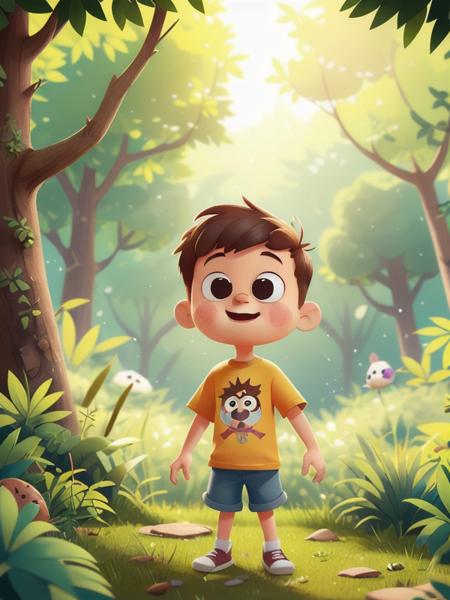 <lora:COOLKIDS_MERGE_V2.5:1>, 1kid,short hair,cute face,cute expression,wearing T-shirt,outdoors, background forest,toon, pixar style, 3d, cartoon, detailed face,full body,    --  Using IMG2IMG, <lora:popmart:0.4>