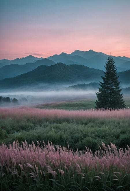 A tranquil landscape featuring a gradient sky transitioning from pale blue at the top to soft pink near the horizon. In the foreground, a field of tall grass exhibits hues of muted pink and purple. Rolling mountains rise in the background, shaded in soft blues and grays, while dense evergreen trees border the scene, creating a peaceful, serene atmosphere at dusk. highly detailed and hyper realistic photo, by Alena Aenami , by Archibald Thorburn , by Daniele Afferni , in the style of  monochromatic silhouette reflection,  limited dark palette, unusual dark colors, faded colors, atmospheric haze, highly dramatic cinematic lighting, motion blur, film grain,  professional, excellent composition, finest details, maximized details, ultimate detail level, masterpiece, best quality
