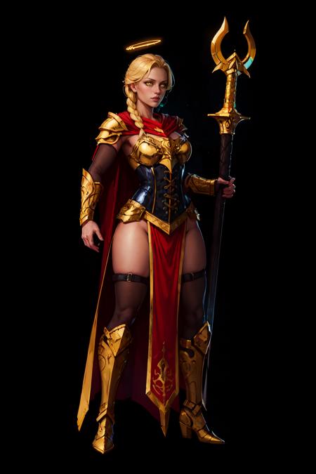 paladin lady holding glowing sword, blonde hair, braid, ornate golden armor, ornate pauldrons, black corset, glowing yellow eyes, red cape, glowin halo, full body <lora:sxz-concept:0.7>