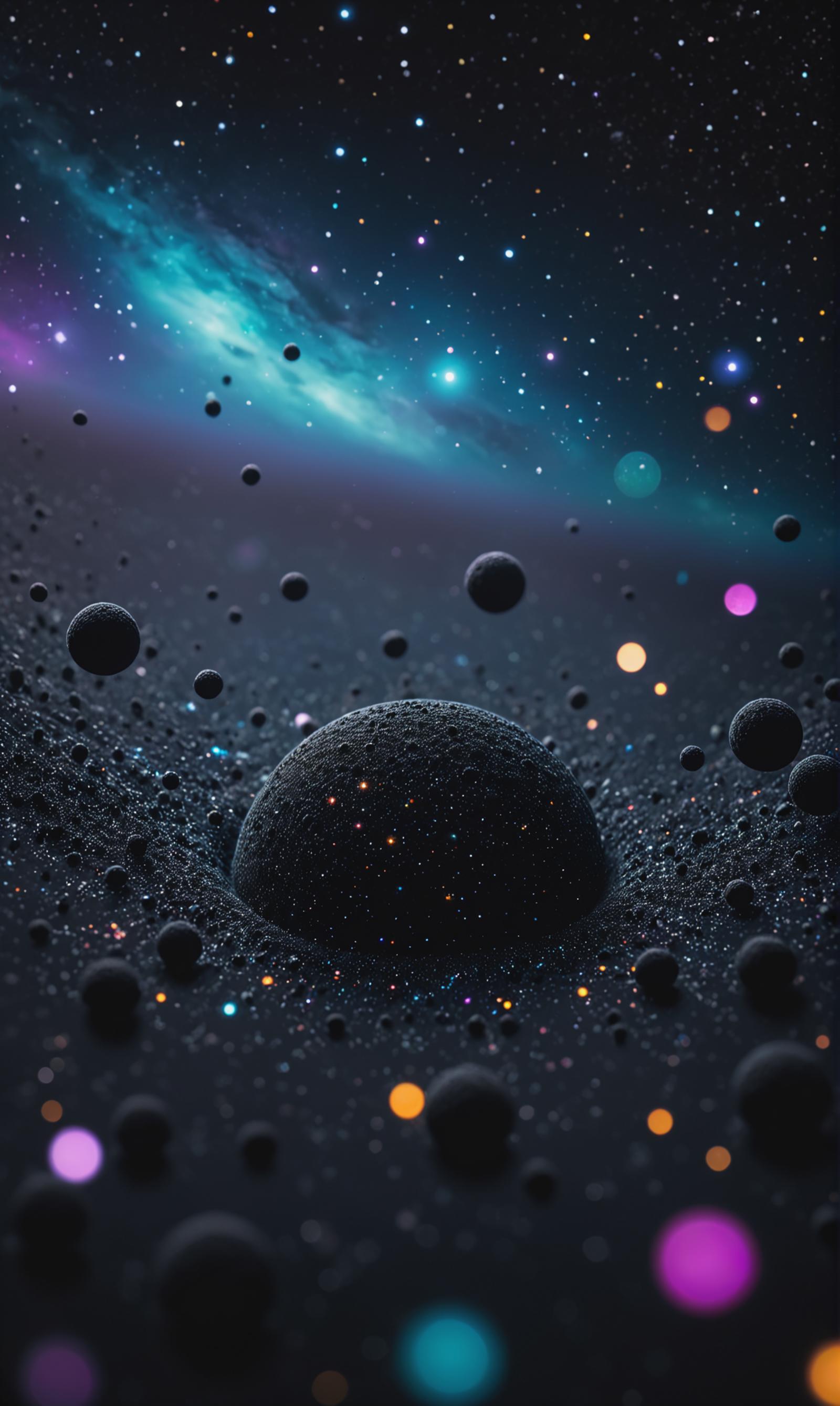 A Space Scene with a Large Planet and Various Black and White Spheres