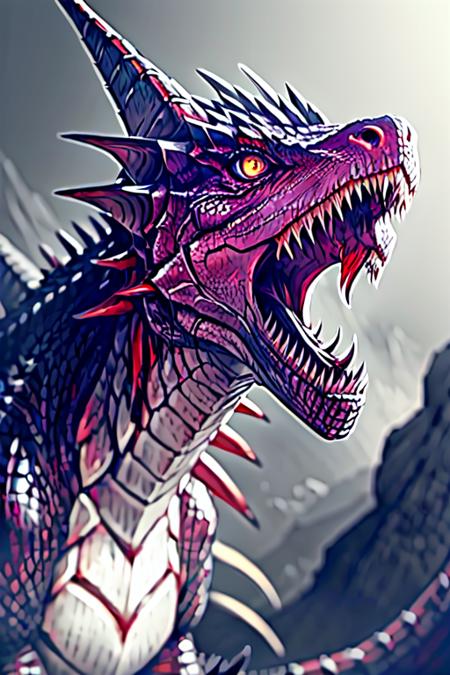 dragon, blurry background, no humans, fangs, open mouth, realistic, scales, teeth,  white and silver theme, breathing fire, cropped, <lora:Dragon_V1:1>