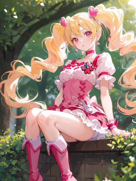 cure peach twintails, puffy short sleeves, ribbon choker, pink boots, earrings