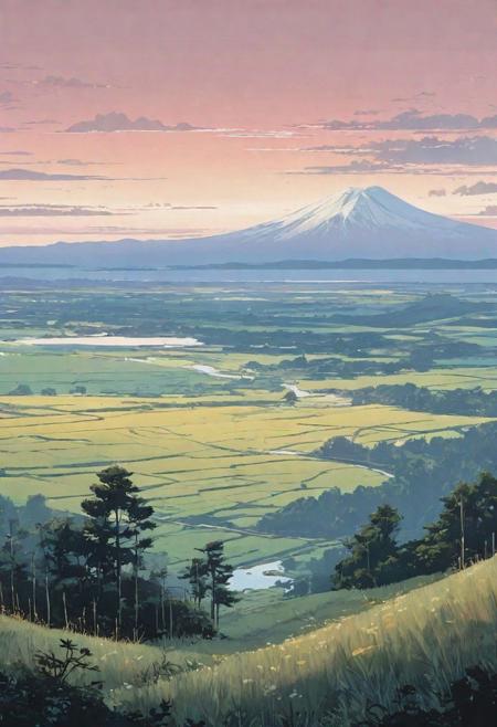 landscape, lo-fi style, epic, different bioms, horizon, different colours palette, pale colors, muted colors, vector, intricate details, highly detailed, soft, acryl, ink painting, strokes, blots, style of makoto shinkai