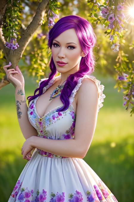 portrait of  DEN_shannyn_visceral wearing a dress in an orchard on a sunny day,
summer dress, floral dress, clothed, god rays, dust, lens flare,
masterpiece, high detail, detailed, photorealistic, beautiful eyes,