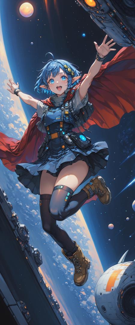 <lora:yukihiro_kajimoto_so2r_xl:0.8> <lora:IOS_Iridescent_opal_style:0.6> rena lanford, 1girl, ahoge, blue_eyes, blue_hair, boots, cape, pointy ears, [1990s \(style\):cyberpunk edgerunners:0.5], [lens flare:opal:06], intricate detail, cinematic lighting, amazing quality, amazing shading, hair_ornament, looking_at_viewer, open_mouth, pleated_skirt, short_hair, skirt, thighhighs, ((masterpiece, best quality)), (jumping out of an aircraft), space, dynamic pose, (from below), full body, (thigh gap), yurihiro kajimoto