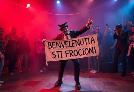 very serious compound background, "mr. x" dancing with a banner written "BENVENUTI A STI FROCIONI", lgbtq+ flawors