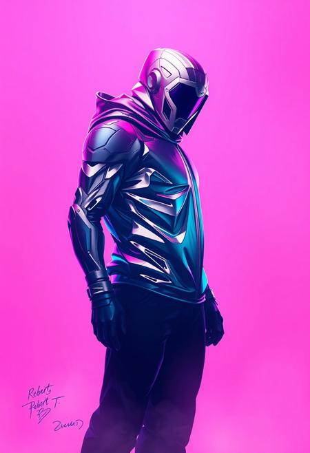 robert t techno style , Background: Clean, soft neon gradient with faint shadows and smudges, creating a stark contrast that emphasizes the character’s metallic textures and vibrant silhouette.