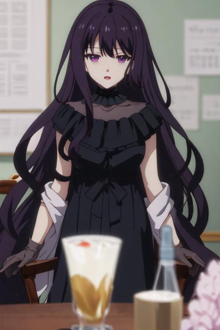 best quality, masterpiece, highres, solo, {tilty_claret_tenseioujototensaireijounomahoukakumei:1.15}, long_hair, bangs, purple_hair, purple_eyes, black_hair, blurry, 1girl, blurry_background, hair_between_eyes, looking_at_viewer, open_mouth, parody, anime_coloring, depth_of_field, parted_lips