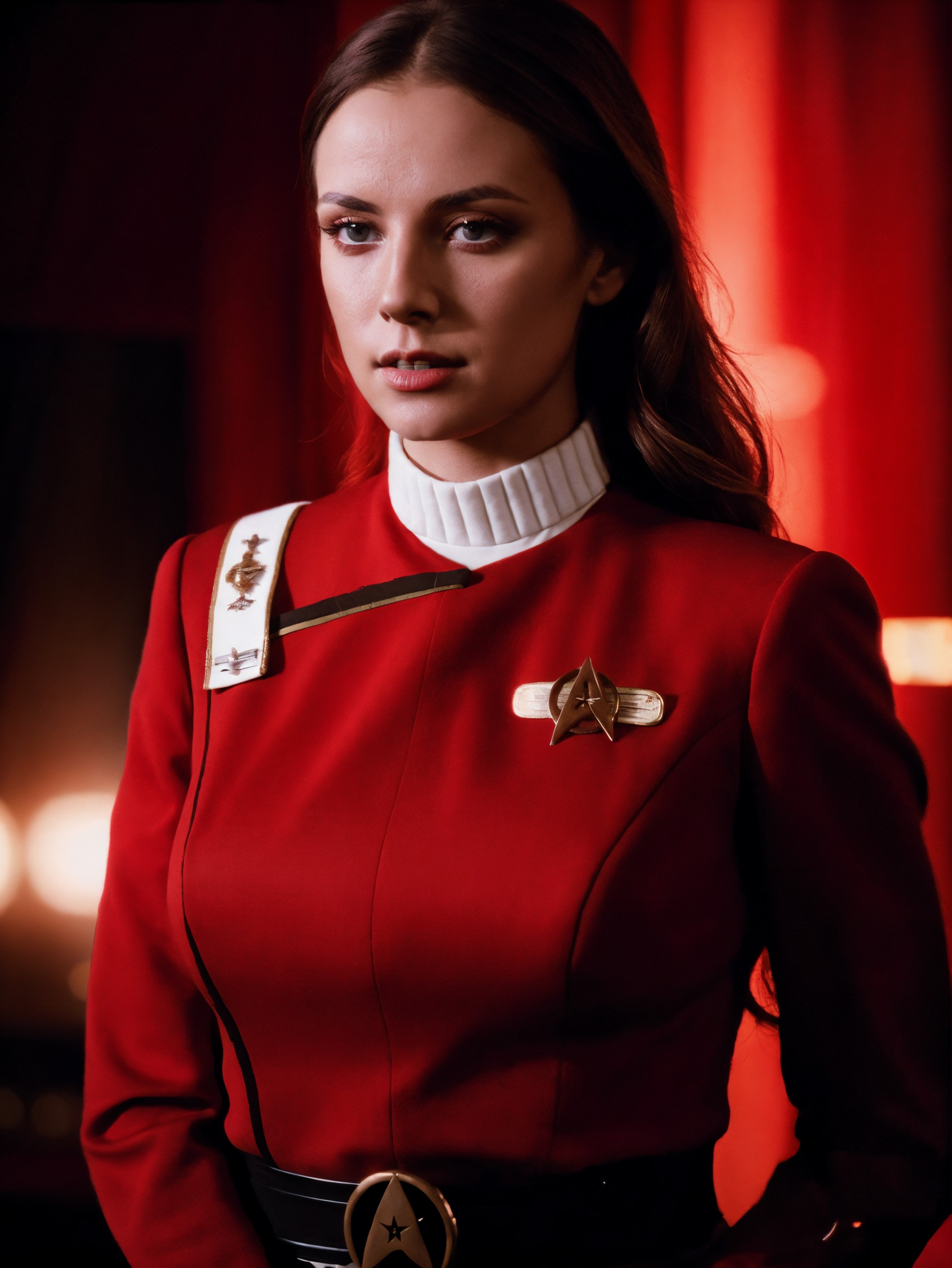 woman in twokunf red uniform,professional photograph of a stunning woman detailed, sharp focus, dramatic, award winning, c...