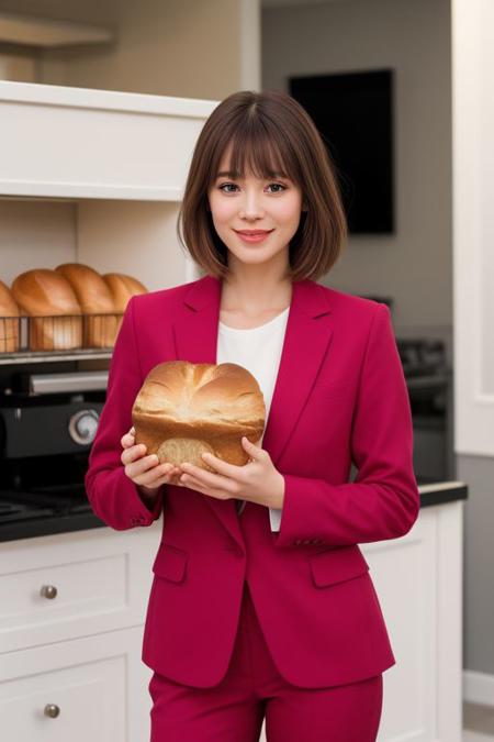 photo realistic, masterpiece, best quality, studio lighting, solo, jmc <lora:jennettemccurdyV01:1>, <lora:polyhedron_skinny_all:.3>, pink suit, holding a ((bread,puff)) (Urn) with ((two hands)) , light smiling ,  blonde highlights with bangs , bakery background,(looking at viewer, realistic eye and face details),film grain:1.5, Kodak Max 400 Film), (nsfw:1.2)