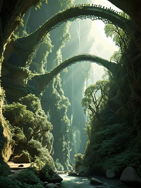 Fractalvines, A bridge woven from fractalvines, spanning a vast chasm, its delicate arches glowing with ethereal light as travelers cross between realms. <lora:Fractal_Vines:1>  <lora:EnvyBetterHiresFixXL01:0:hr=1>