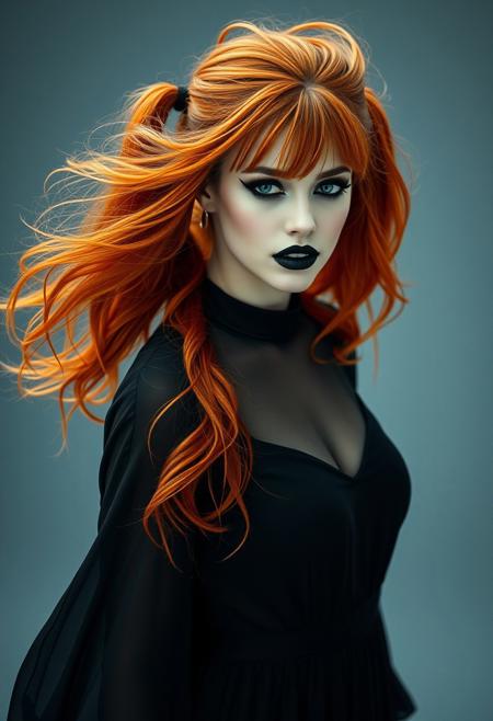 A stunning 25-year-old woman with flowing, fiery red hair styled in long, loose, high pigtails that cascade down her back. Her pale skin is contrasted by dramatic dark eye makeup, smudged black eyeliner, and a deep, matte black lipstick that drips slightly from her lips, adding a touch of rebellion and sensuality. She wears a flowing, elegant gothic dress that accentuates her curves. With a sensual yet dominant gaze, she steps forward, inviting the viewer into her world of darkness and allure.