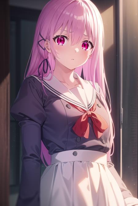 engagekisara, <lora:engage kisara s1-lora-nochekaiser:1>,
kisara, long hair, pink hair, (red eyes:1.3), hair between eyes, hair ornament, ribbon, hair ribbon,
BREAK long sleeves, ribbon, school uniform, puffy sleeves, sailor collar, red bow, juliet sleeves, white sailor collar,
BREAK indoors, classroom,
BREAK looking at viewer, (cowboy shot:1.5),
BREAK <lyco:GoodHands-beta2:1>, (masterpiece:1.2), best quality, high resolution, unity 8k wallpaper, (illustration:0.8), (beautiful detailed eyes:1.6), extremely detailed face, perfect lighting, extremely detailed CG, (perfect hands, perfect anatomy),