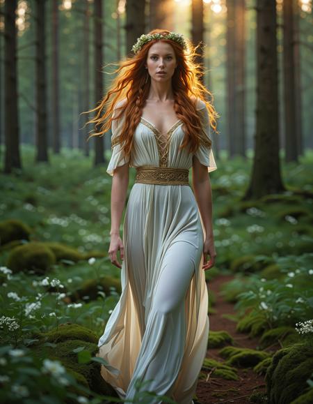 freyja, auburn hair, braided hair, magic, forest, mythic beauty, <lora:NBN-Freyja_NordicByNature:0.8>, ,Freya commanding legions of spirits in a moonlit ceremony.,low light, soft natural light, Rembrandt style light, Hasselblad DLSR camera, 200mm Zeiss lens, f/2.8, clear focus, high resolution image, ,Sexy pose, erotic pose, exhibitionism, ,A peaceful meadow with blooming flowers and a gentle breeze