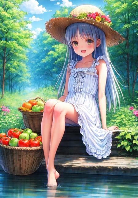 1girl, apple, bangs, bare_legs, barefoot, basket, blush, center_frills, collarbone, day, dress, eyebrows_visible_through_hair, food, forest, frilled_dress, frills, fruit, grapes, hair_between_eyes, hat, hat_flower, holding_basket, lake, lens_flare, light_rays, long_hair, looking_at_viewer, melon, nature, open_mouth, orange_\(fruit\), outdoors, palm_tree, picnic_basket, ribbon, river, silver_hair, sitting, skirt_basket, sleeveless, sleeveless_dress, smile, soaking_feet, solo, straw_hat, stream, sun_hat, sunbeam, sundress, sunlight, tomato, tree, very_long_hair, water, waterfall, watermelon, white_dress <lora:style_gotoP:1>