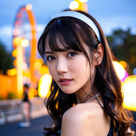 <lora:KaedeKarenSFWFACE:0.9>, karen, 1girl, solo, realistic, blurry, mole, lips, black hair, photorealistic, best quality, ultra high res, outdoor, amusement park, colorful, joyful expression, cute headband, looking back over shoulder, amusement park rides and attractions in background, night time setting, beautiful, masterpiece, best quality, extremely detailed face, perfect lighting, best quality, ultra high res, photorealistic, ultra detailed, masterpiece, best quality,