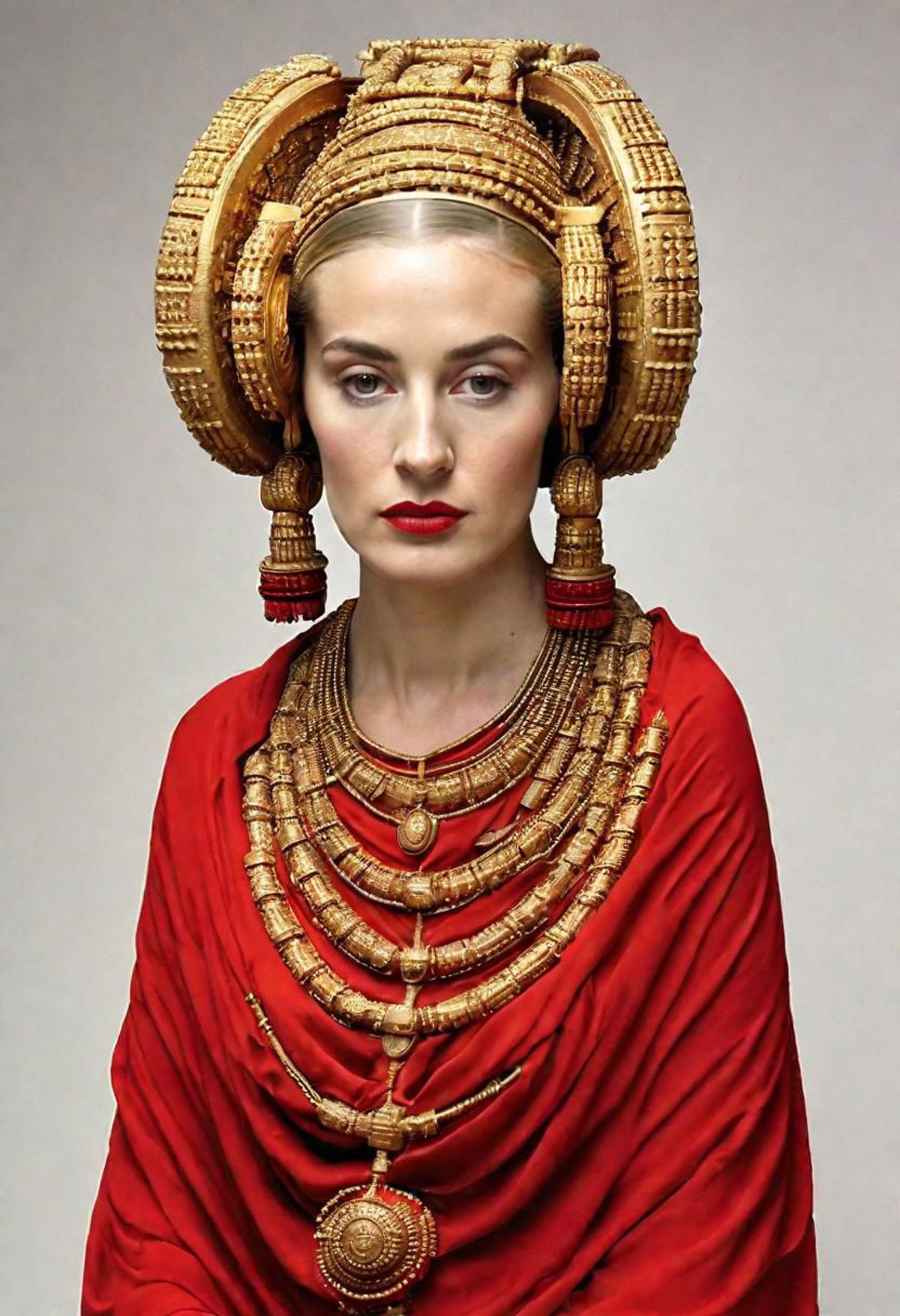 high quality photo of a woman  resembling the bust statue of Lady of Elche with simple red wire gold bun covering and a mo...