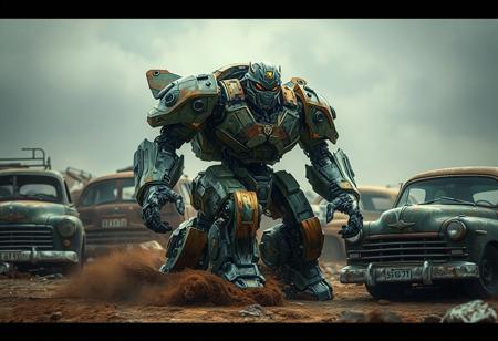"Create an 8k, hyper-realistic rendering of an Ancient Gear Golem robot, inspired by Bumblebee, with a dark green color scheme. The robot should be made of wooden armor plating, with intricate details and the golden ratio in mind. It should be positioned as if kicking up dirt in a battletech style setting, surrounded by scrap cars. The rendering should have dramatic lighting and display lifelike textures, such as freckled skin, for added realism. Niels Lergaard's style should be emulated."