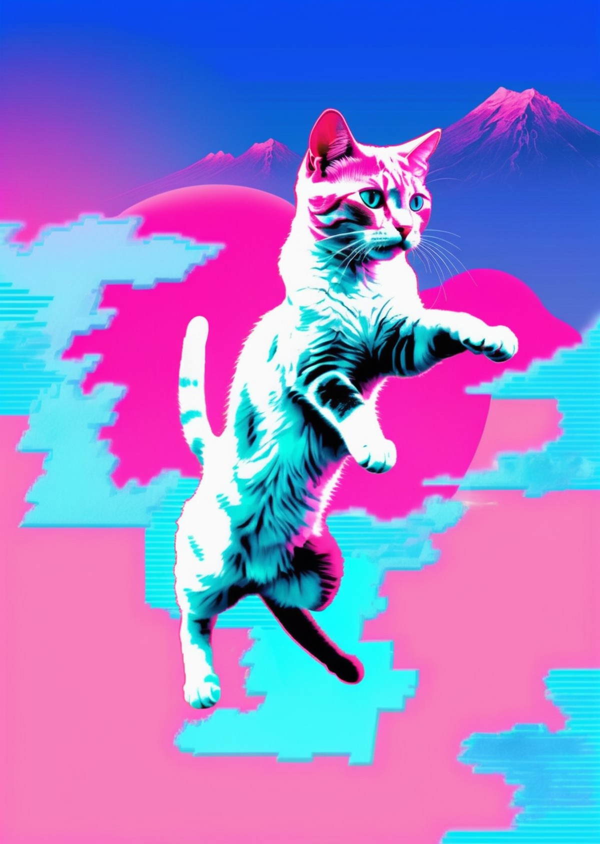a cat is jumping over a pink and blue background ,   <lora:vapor_graphic_sdxl:0.6> , vaporwave, vapor_graphic