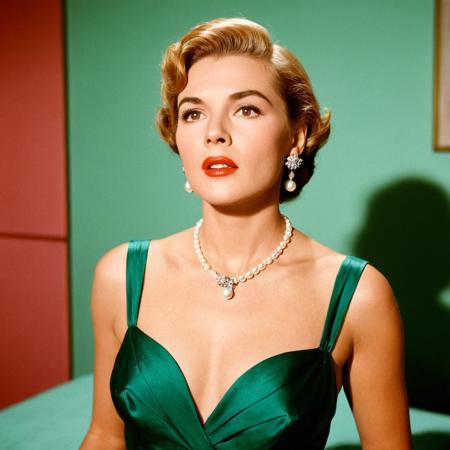 UHD, 4k, ultra detailed, cinematic, a photograph of  <lora:kodachrome xl v1:0.9>
In 1950's a cinematic Kodachrome Technicolor motion picture of a mature surprised woman with a pearl necklace and earrings, perfect image, perfect body, perfect anatomy, sharp image, detailed image, Kodak film style, high quality photography, Kodachrome style, Technicolor style, 1950's style, Technicolor Monopack style, 16mm, 8mm, Super 8 movie, 35mm movie style, film color style, cinematic photography style, analog photography style, cinematic film color style, deep color style, different character, different background, different picture, Eastman Kodak style, K-14 process style, Color slide style, film skin tone style, different color, solo, short hair, brown hair, upper body, earrings, parted lips, indoors, blurry, blurry background, makeup, portrait, lipstick, red lips, pearl necklace, lips, looking to the side, dress, parody, retro artstyle, medium shot, looking up, epic, beautiful lighting, inpsiring