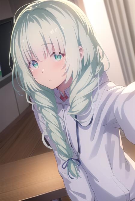 koharuootori, <lora:koharu ootori s1-lora-nochekaiser:1>,
koharu ootori, long hair, bangs, (green eyes:1.3), hair ribbon, braid, white hair, blue ribbon, hair over shoulder,
BREAK shirt, long sleeves, white shirt, collared shirt, hood, sleeves past wrists, hoodie, yellow jacket,
BREAK indoors, classroom,
BREAK looking at viewer,
BREAK <lyco:GoodHands-beta2:1>, (masterpiece:1.2), best quality, high resolution, unity 8k wallpaper, (illustration:0.8), (beautiful detailed eyes:1.6), extremely detailed face, perfect lighting, extremely detailed CG, (perfect hands, perfect anatomy),