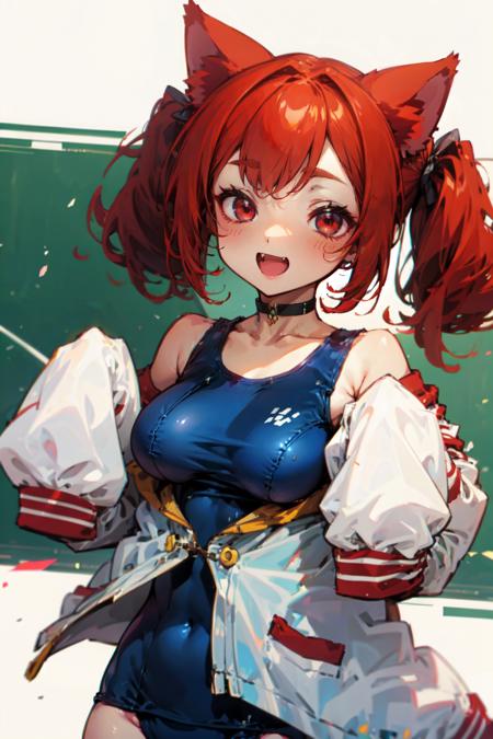 <lora:I19x-000005:0.8>,i19x,red eyes, red hair, short twintails, school swimsuit,open jacket,white jacket,white thighigs