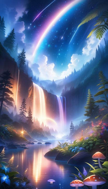 A panoramic view of a vast and lush forest under a starry night sky. The foreground features a tranquil pond with sparkling reflections, surrounded by vibrant ferns and wildflowers. In the distance, a majestic waterfall cascades down a steep cliff, creating a mesmerizing spectacle of mist and rainbows. The trees are adorned with intricate patterns of bioluminescent fungi, casting an ethereal glow upon the surroundings. A sense of awe and wonder permeates the atmosphere as shooting stars streak across the starry expanse above.