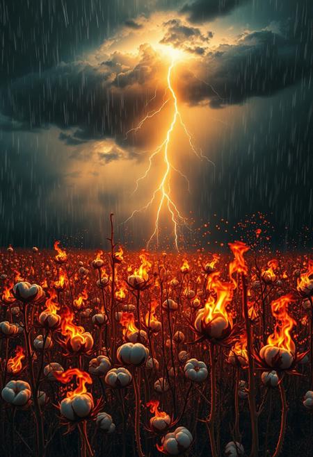((Field of burning cotton. Rain, lightning. Fire particles, glare)). The fiery painting unfolds in a deserted field, where burning cotton stalks reach up to a darkening sky. Rain lashes down, and lightning pierces the canvas, casting an eerie glow. Amidst this hellish chaos, fiery particles dance and swirl, their hot paths illuminated by the flames. (((super quality 4k))).