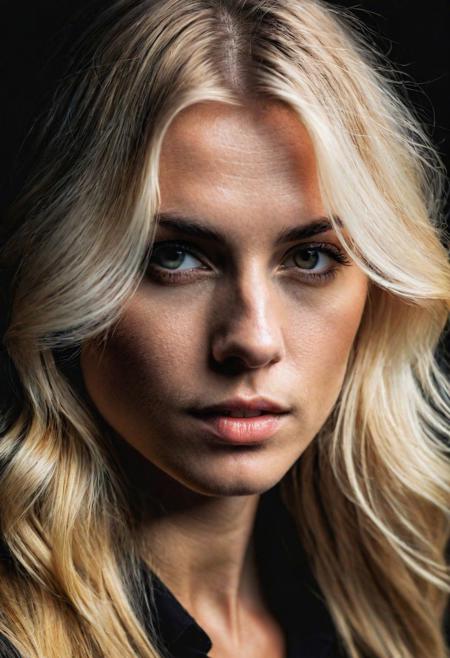 RAW photo, an eye contact of a blond with long hair and dark theme, 4k
